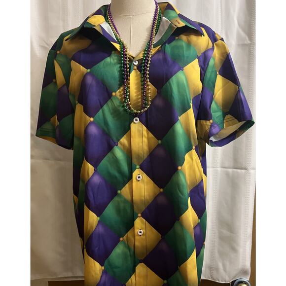 Mardi Gras Print Casual Button Down Short Sleeve Shirt New Orleans Small W/Beads - Picture 4 of 15